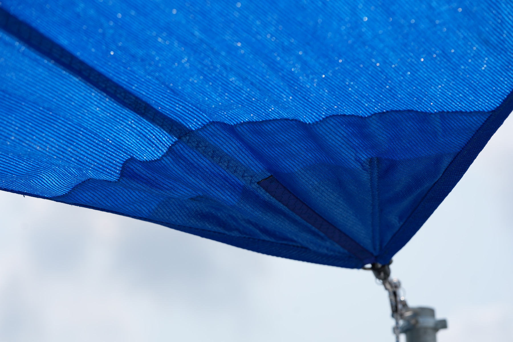 Close view beneath the blue DockShade mesh and reinforced corner